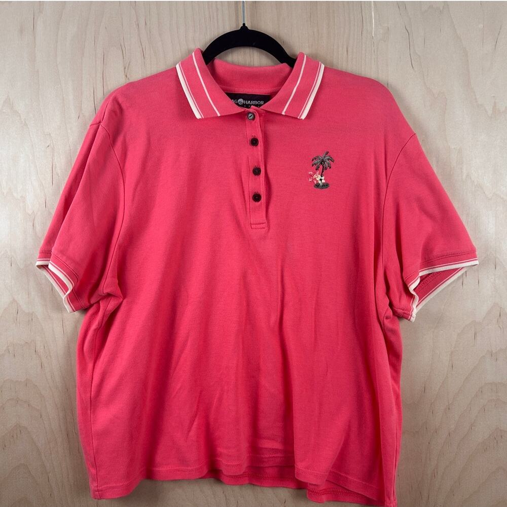 Sag Harbor Sport Coral Pink Polo Shirt XL Palm Tree‎ Embroidered Cotton